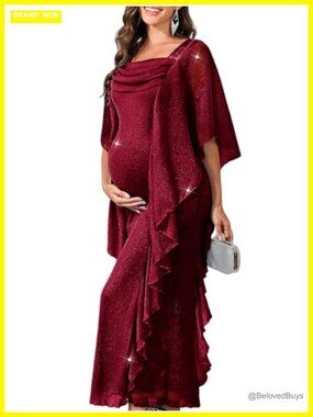 Maternity Maxi Dress Formal Ruffles Sparkly Mesh Baby Shower Gown